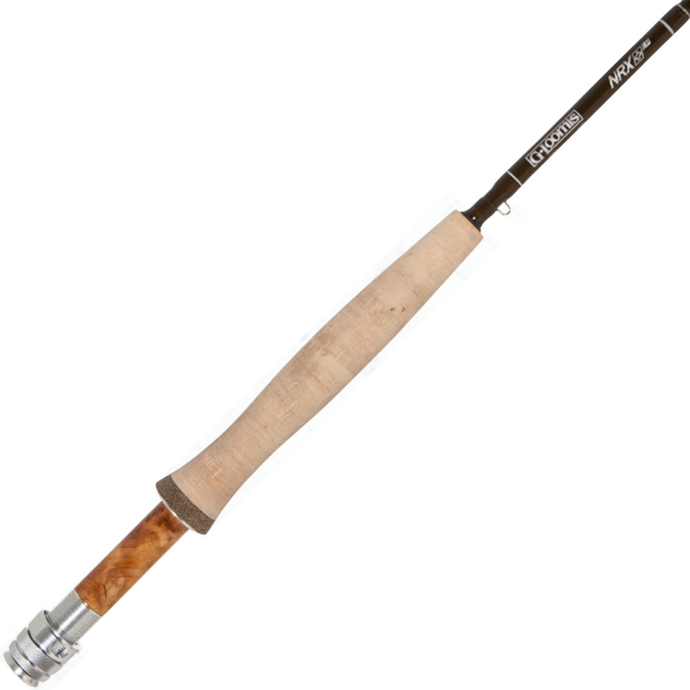 Text "FLY RODS" in bold white letters on a background split with dark blue on top and maroon on the bottom.