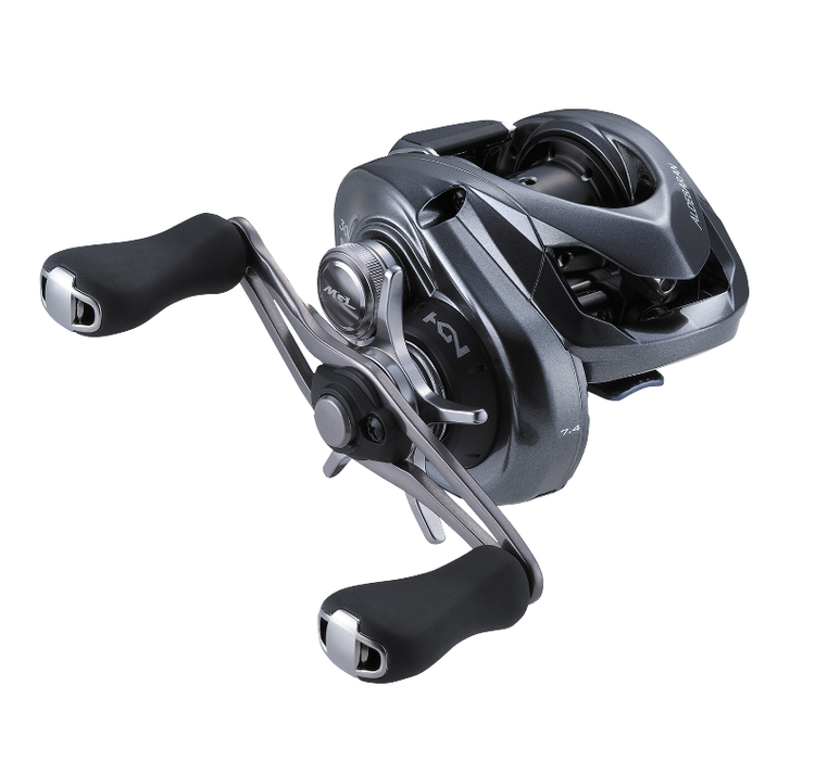 A silver baitcasting fishing reel with black handles, featuring a sleek and modern design.