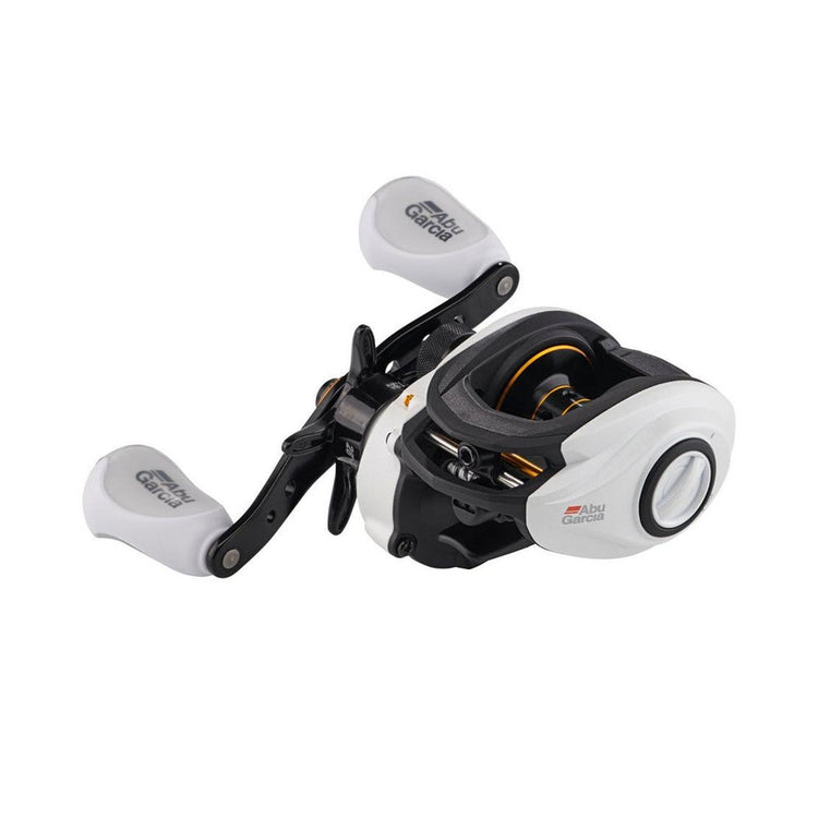 A white and black fishing reel with gray ergonomic handles, featuring branding on the side. The design includes a compact body and smooth casing.