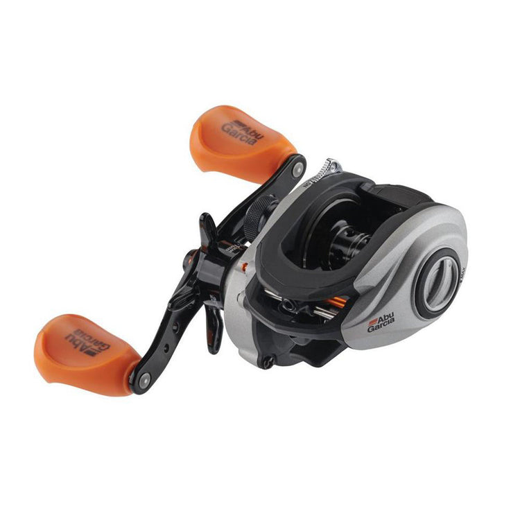 A silver Abu Garcia fishing reel with orange handles.