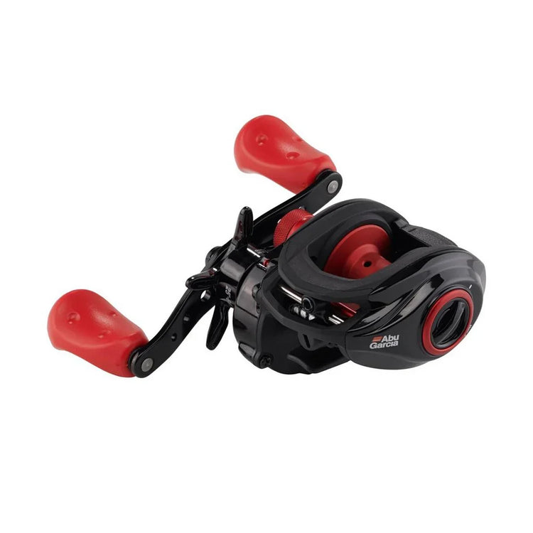 A black and red baitcasting fishing reel with two red handles and a spool. The brand name is visible on the side.