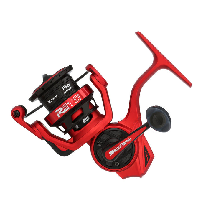 Red Abu Garcia spinning fishing reel with black spool and handle, featuring the logos "REVO" and "RKT" on its body.