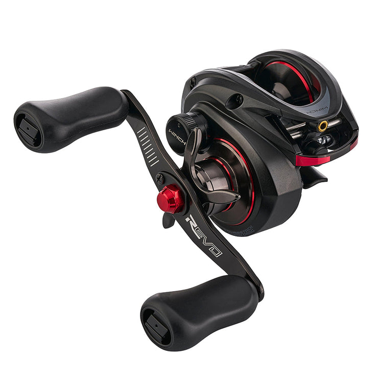 A black and red baitcasting fishing reel with dual handles and intricate metal components, designed for precision casting and smooth operation.