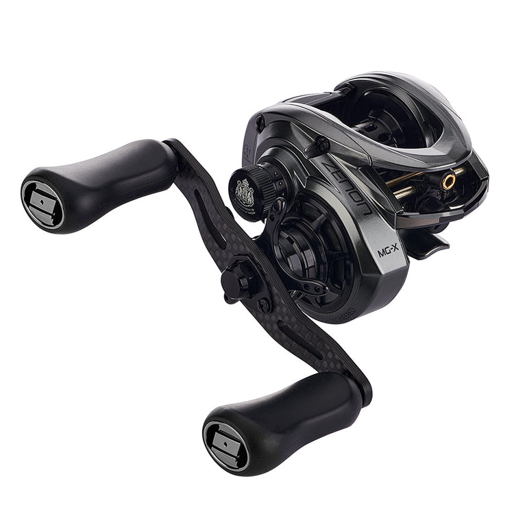 A sleek, modern baitcasting fishing reel with a metal frame and two black handles. It features intricate detailing, a spool, and adjustment dials, showcasing precision engineering.