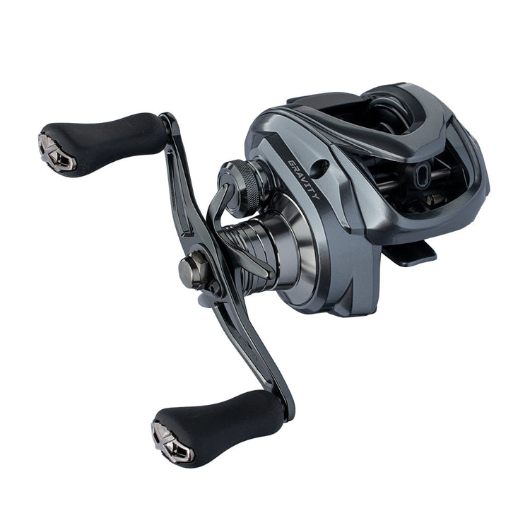 A sleek, black and silver baitcasting reel with dual handles, featuring a modern design and smooth curves. The reel appears to be sturdy and well-crafted, suitable for fishing enthusiasts.