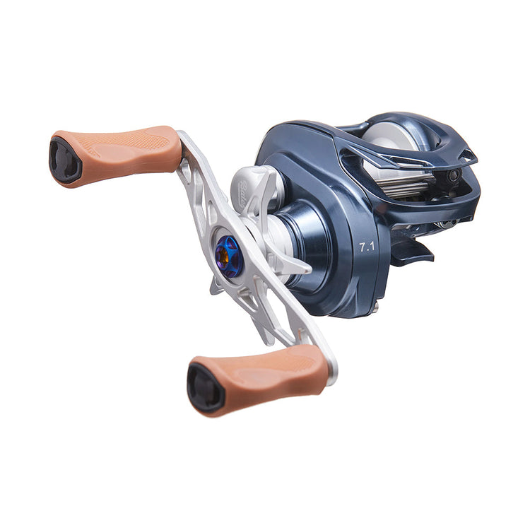 A sleek blue and silver baitcasting fishing reel with orange-brown handles. The reel has a smooth, modern design, showcasing a 7.1 gear ratio marking.