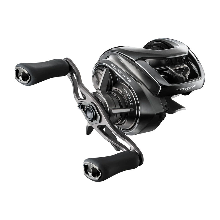 A sleek black fishing reel with dual handles and detailed design, labeled "Stradic SW.