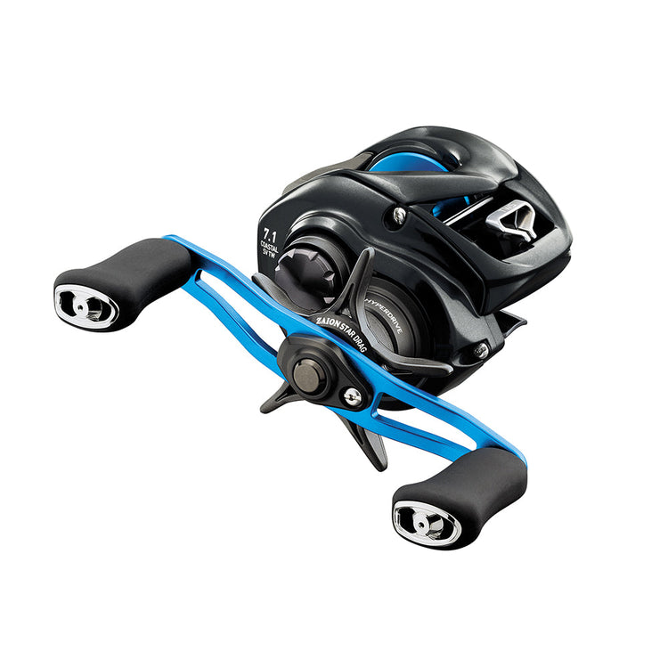 A black and blue baitcasting fishing reel with ergonomic handles and a sleek design. It features a detailed drag system and gear ratio markings, ideal for precision fishing.