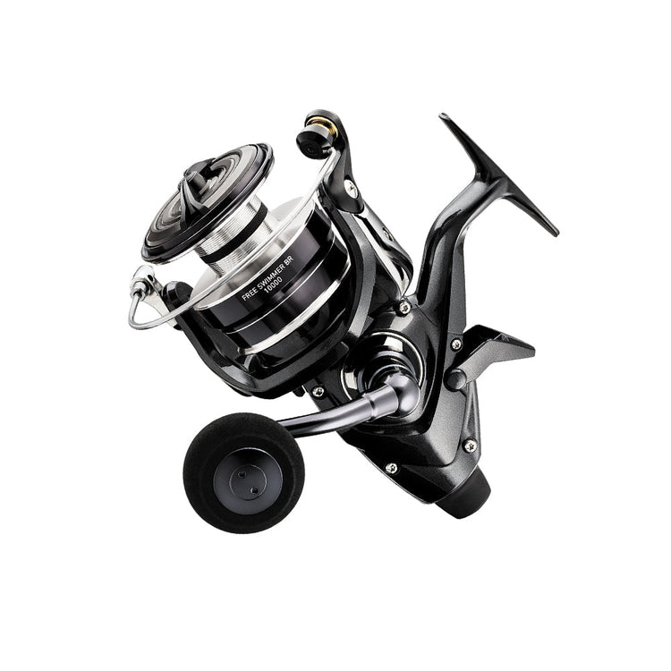 A black and silver spinning fishing reel with a handle and spool, designed for right-hand use. The reel features a stylish and sleek design with a large rotating handle grip.