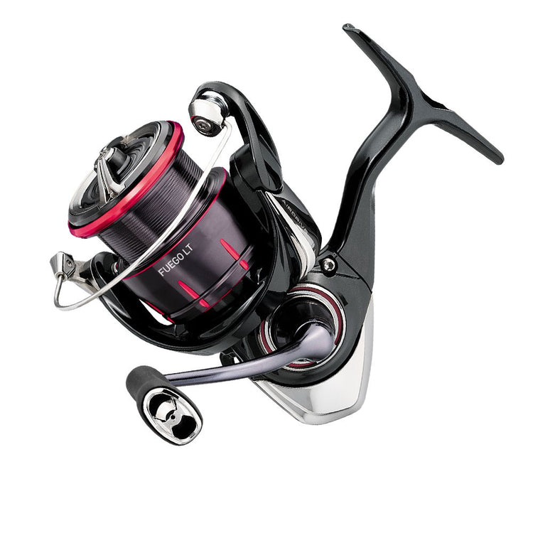 A sleek black and red fishing reel with a modern design, featuring a sturdy handle and a compact spool, set against a white background.