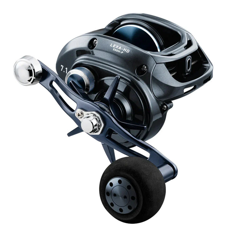 A sleek, modern baitcasting fishing reel in metallic colors. It features a large handle knob and a smooth, streamlined design marked "Lexa-HD" and "300H-P".