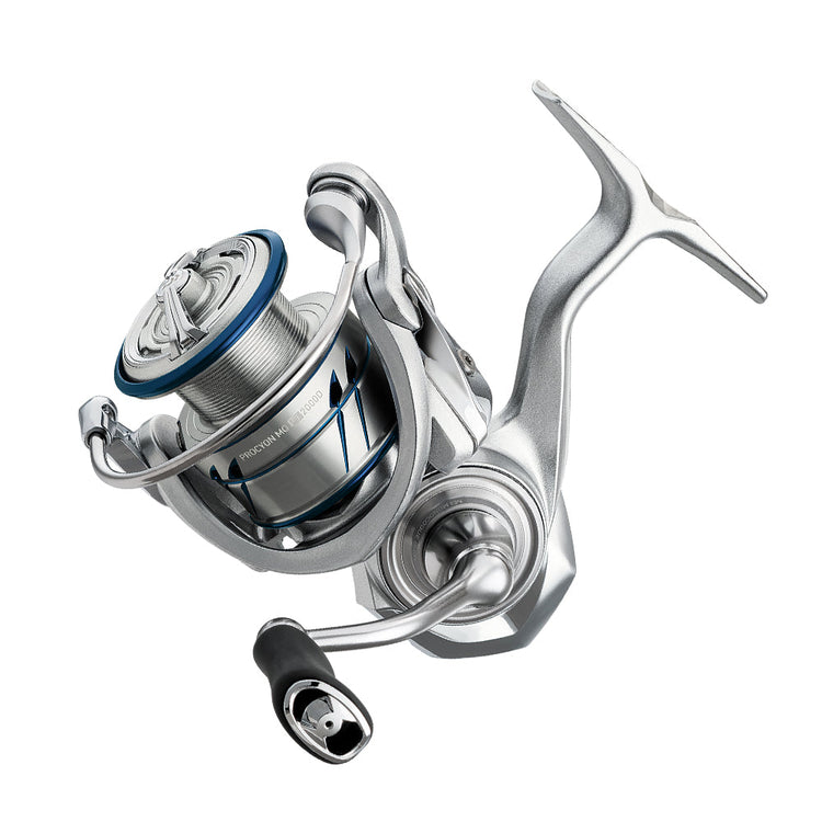 A close-up of a silver spinning fishing reel with blue accents, featuring a sleek design, handle, and visible spool. The reel is positioned on a white background.