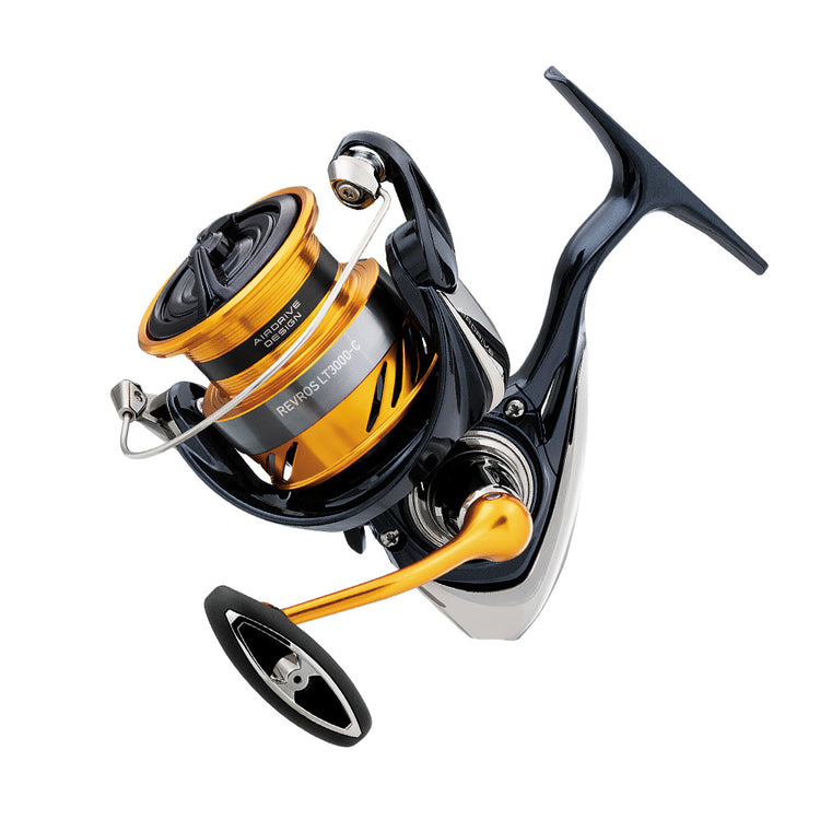 A modern fishing reel with a sleek black and gold design, featuring a sturdy construction and ergonomic handle for smooth operation. The spool and body have metallic elements, enhancing its durability and style.