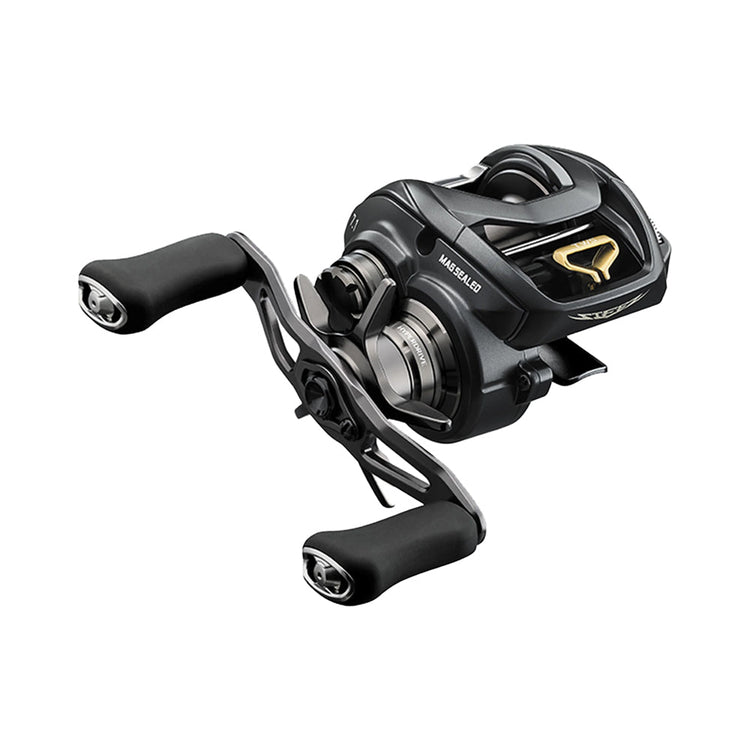 A black baitcasting fishing reel with dual handles and metallic accents, featuring a sleek design and visible branding.