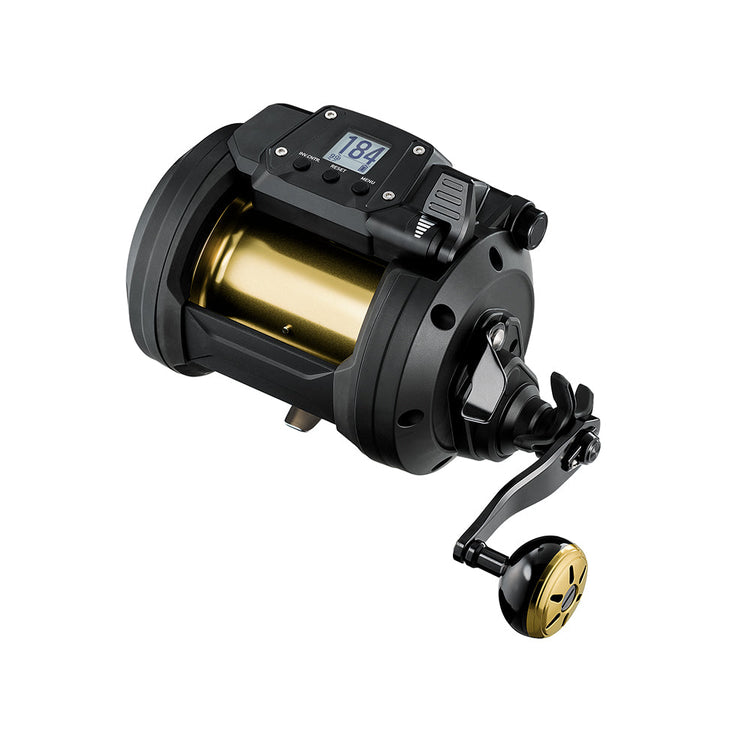 A black and gold fishing reel with an attached handle is shown at an angle. It features an electronic display panel on top, indicating depth or line measurements. The design is sleek and modern.