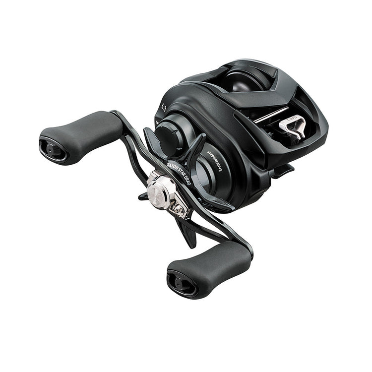 A sleek black baitcasting fishing reel with ergonomic handles, featuring a compact design and visible adjustment knobs.