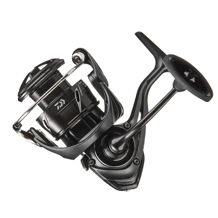 A black fishing reel featuring a sleek and modern design. The reel has a smooth handle and a sturdy frame, appearing ready for high-performance fishing activities.