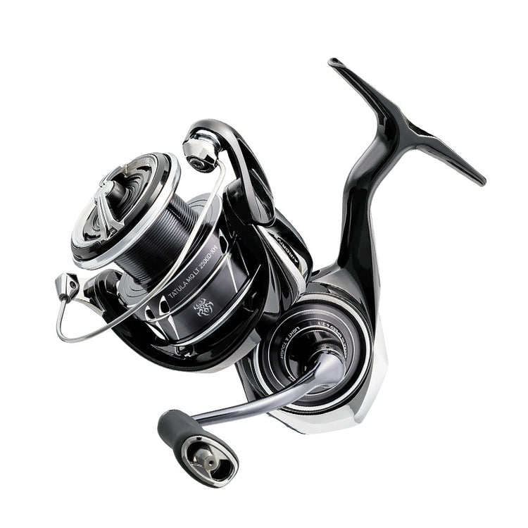 A modern fishing reel with a sleek, black and metallic design, featuring a spinning handle and spool.