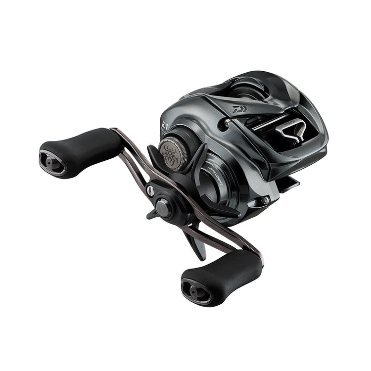 A sleek, metallic fishing reel with dual handles and a modern design. The reel features smooth contours and a compact structure, showcasing its advanced engineering for optimal performance.