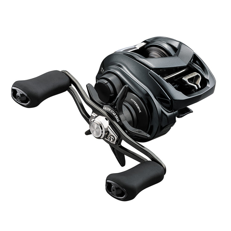 Baitcasting fishing reel with black and silver design, featuring ergonomic handles and a sleek, modern appearance.