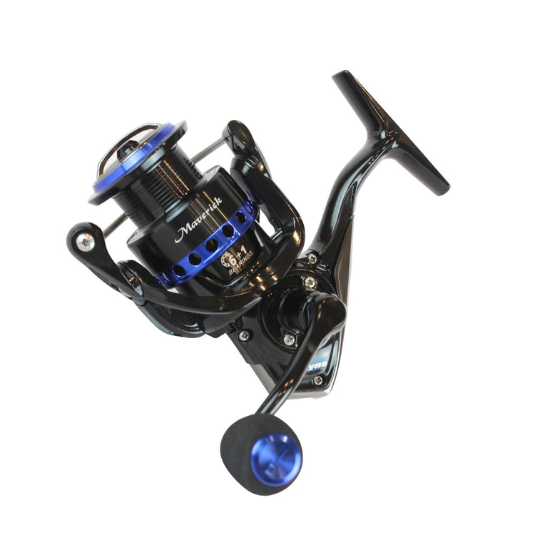 A black and blue fishing reel with "Mounchain" branding, positioned at an angle. The reel features a blue spool and handle grip, with a sleek, metallic finish.