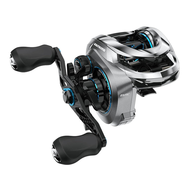 A silver and black fishing reel with dual handles and blue accents, designed with a sleek and modern aesthetic.