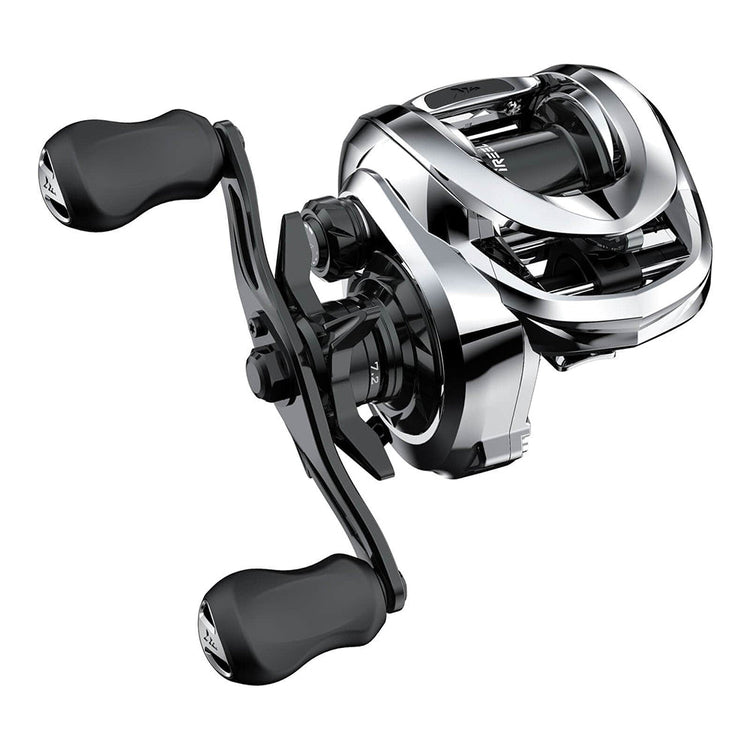 A shiny, silver baitcasting fishing reel with two black handles, designed for precision casting and easy line retrieval, shown against a plain white background.