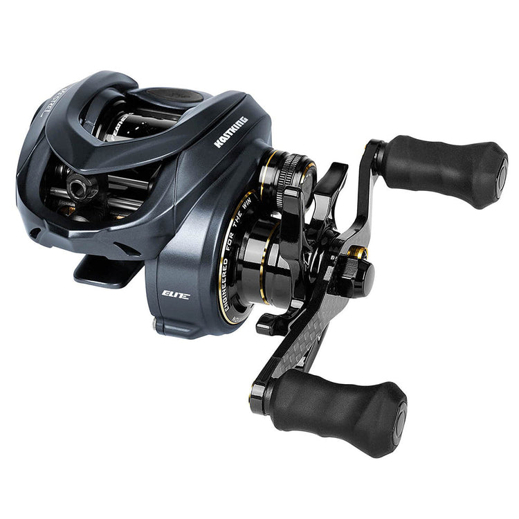 Close-up of a black and metallic fishing reel with two textured grips, labeled "KastKing." The reel features adjustable dials and is designed for baitcasting.