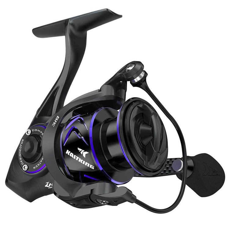 A black fishing reel with blue accents and a sleek design. The handle features an ergonomic grip, and the body shows brand markings and specifications in white text.