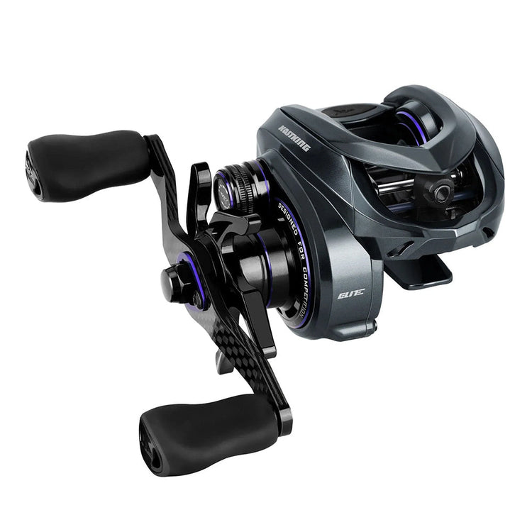 Close-up of a sleek, modern baitcasting fishing reel with black handles and a metallic finish. Design features include ergonomic grips and intricate detailing, highlighting its precision engineering.