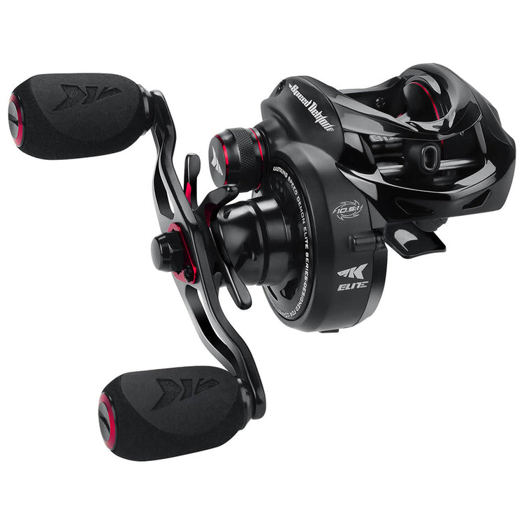 A black KastKing baitcasting fishing reel with two black foam handles, featuring red accents. The design includes visible gears and branding, with a sleek, modern appearance.