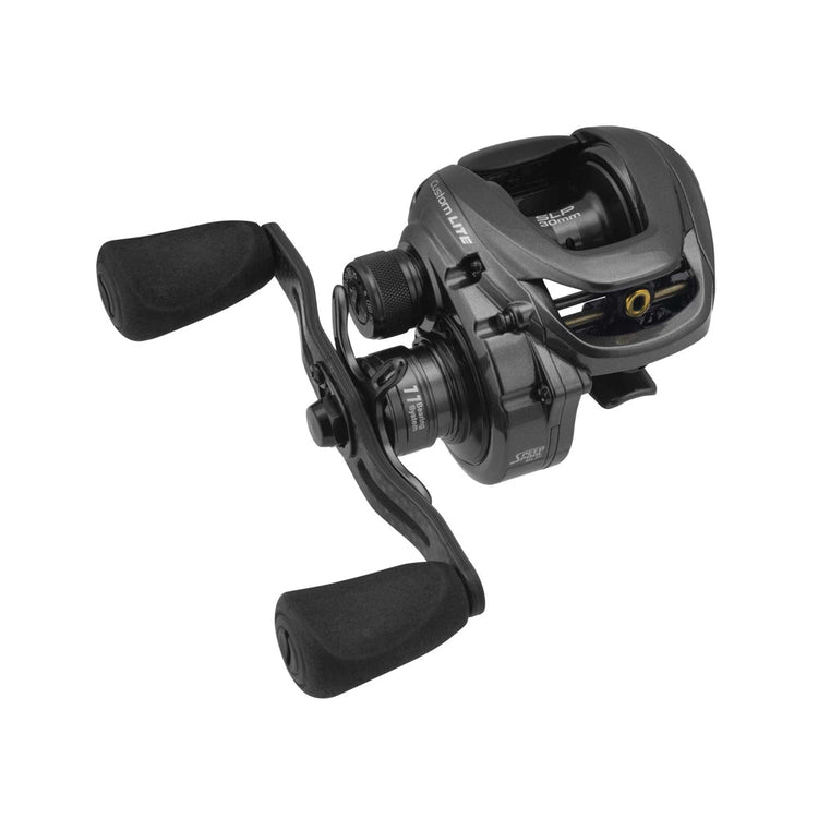 A black and metallic grey fishing reel with a double handle, featuring ergonomic grips. The design is sleek and modern, with visible text detailing its specifications.