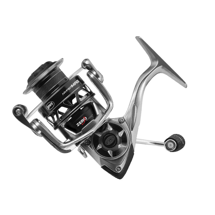 A sleek, modern fishing reel with a metallic finish, visible brand logo, and ergonomic handle design, set against a plain white background.