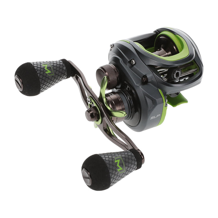 A black and green baitcasting fishing reel with ergonomic handles. The reel features a sleek design and visible line guide system, displaying a balance of style and functionality.