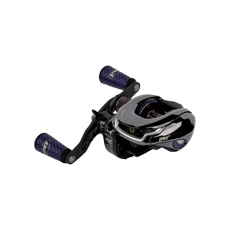 Black and purple fishing reel with textured handles on a white background, featuring a sleek design and the brand name "Lew's" visible on the side.