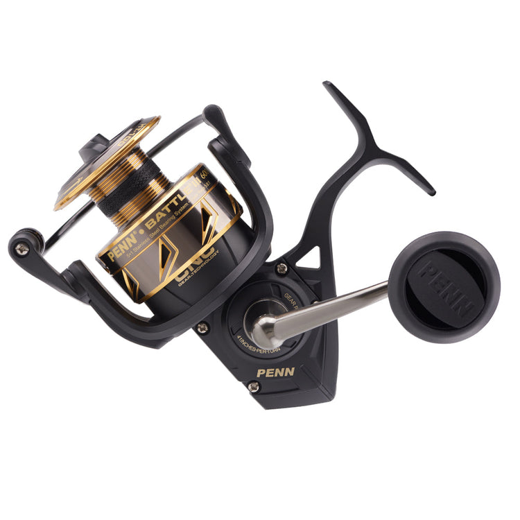 A black and gold PENN Battle III spinning fishing reel with a sleek design, featuring a metal body and ergonomic handle. The spool is partially filled with fishing line.