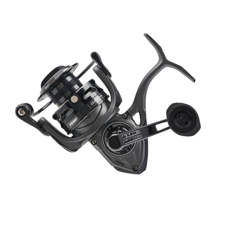 A black and silver fishing reel with a modern design, featuring a large spool, ergonomic handle, and smooth curves. The brand "Penn" is visible on the reel body.