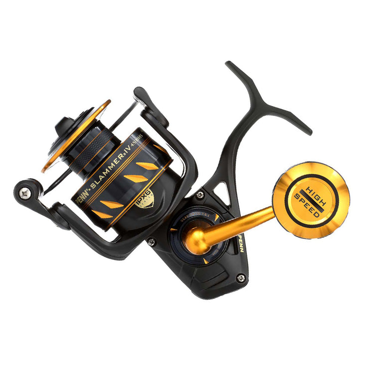 A high-speed fishing reel with a black and gold design. The text "Slammer IV" and "High Speed" are visible on the body and handle.