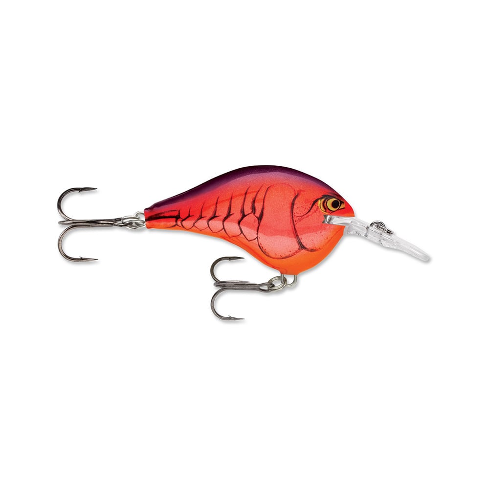 A vibrant red-orange fishing lure shaped like a small fish, featuring two silver treble hooks and a transparent bill. The body has detailed scale patterns and a realistic eye design.