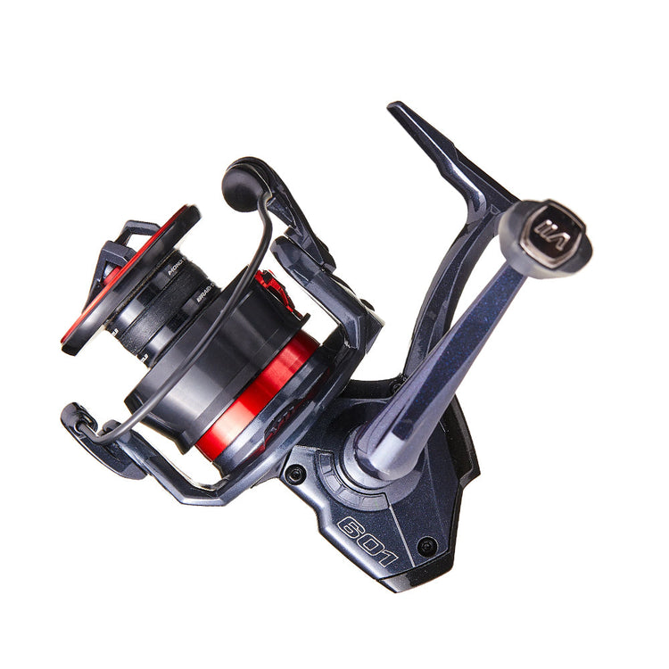 Close-up of a black and red fishing reel against a white background, showing its detailed components and modern design.