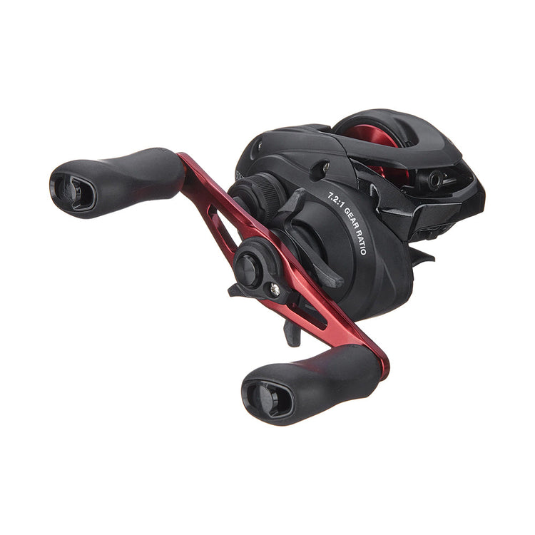 A black and red fishing reel with a dual-handle design and a 12:1 gear ratio marking. The body appears sleek and modern, with ergonomic grips on the handles.