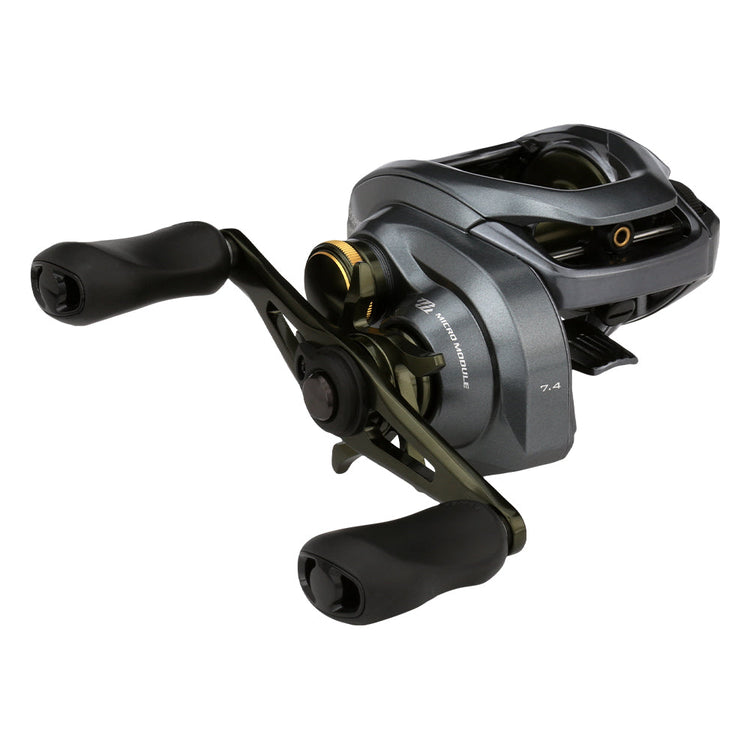 A silver and black baitcasting fishing reel with dual handles, featuring metallic accents and sleek design. The reel is angled to show its side and top views against a white background.