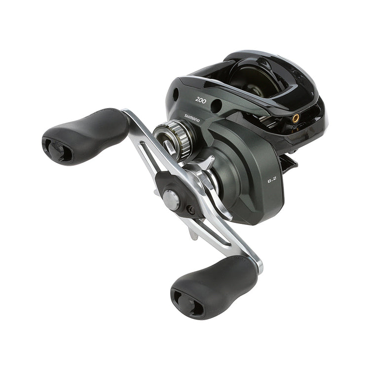 Baitcasting fishing reel with a sleek black and silver design, featuring two ergonomic handles and visible gears.