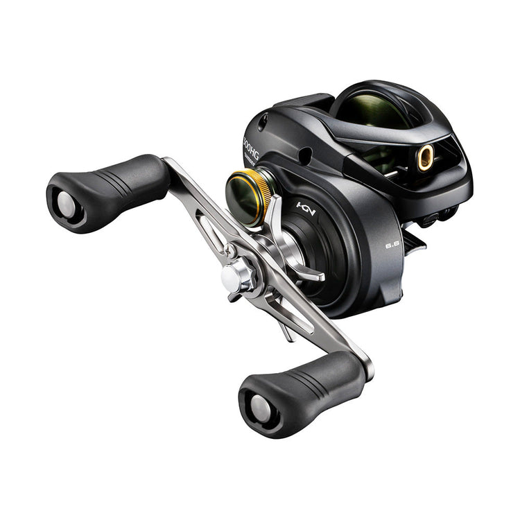 A black and silver baitcasting fishing reel with dual handles, a spool, and a line guide, positioned at an angle showing its ergonomic design and mechanical components.