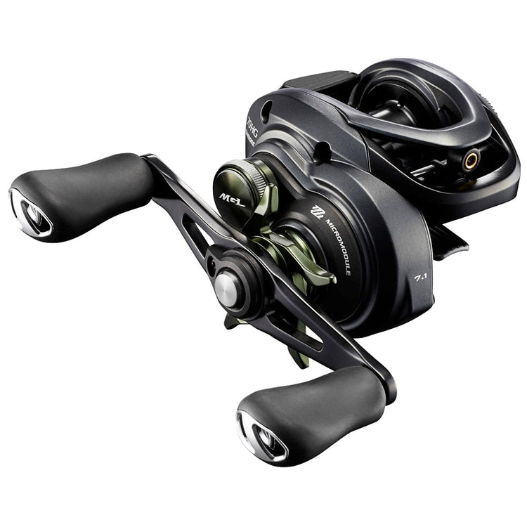 A black and green baitcasting fishing reel with dual handles and a sleek, modern design. The reel features visible adjustment knobs and a compact, ergonomic structure suitable for precision casting.