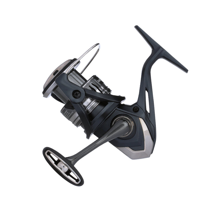 A modern fishing reel with a sleek design, featuring a metallic and black color scheme, a crank handle, and visible gears.