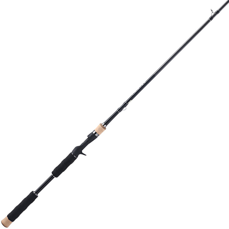 A black fishing rod with cork handle grips, featuring a sleek body and multiple guides along its length. It's designed for spinning or casting.