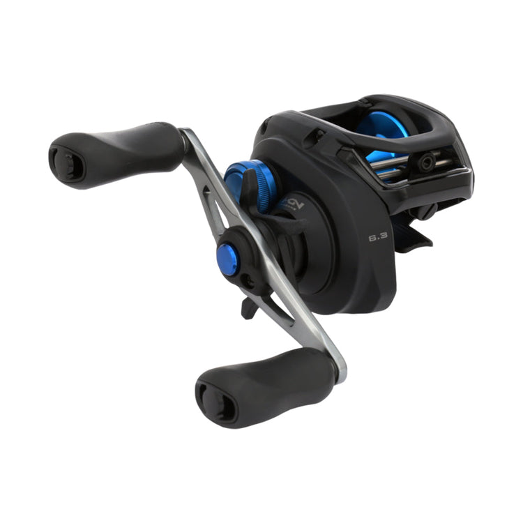 A black and blue baitcasting fishing reel with dual handles and a sleek design, viewed from an angle to showcase its features.