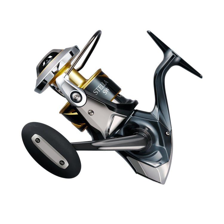 A sleek, modern fishing reel with a metallic finish and ergonomic handle, featuring a gold spool and black accents.