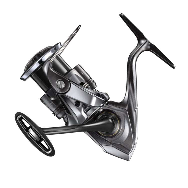 A sleek, modern fishing reel with a metallic finish and streamlined design, featuring a smooth handle and large spool, set against a plain white background.